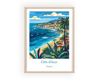 Côte d'Azur Travel Poster - French Riviera Coastal Landscape Print Mediterranean Sea Wall Art Chic Home Decor Perfect Gift for Beach Lover