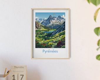 Les Pyrénées Mountains Travel Poster - French & Spanish Pyrenees Landscape Print, Alpine Wall Art, Rustic Home Decor, Ideal for Hikers