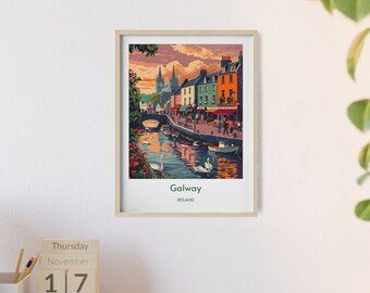 Galway, Ireland Travel Poster - Irish Coastal City Print, Claddagh & Eyre Square Wall Art, Rustic Home Decor, Ideal Gift for Travel Lovers