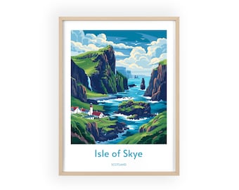 Isle of Skye, Scotland Travel Poster - Scottish Highlands Landscape Print, Dramatic Cliff & Sea Views Wall Art, Rustic Home Decor