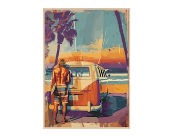 California Surfer Retro-Reiseposter – Vintage-Surf-Wandkunst, klassischer kalifornischer Stranddruck, Küsten-Wohndekoration, ideales Geschenk für Surfer