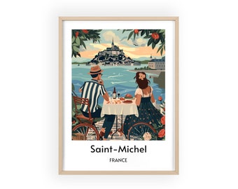 Mont Saint-Michel Couple Travel Poster - Romantic French Landmark Print, Historic Abbey Wall Art, Enchanting Home Decor, Perfect for Couples