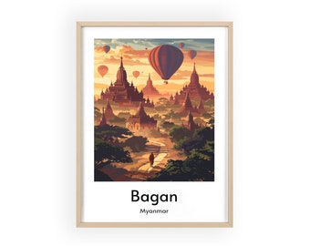 Bagan Eve Travel Poster - Mystical Sunset Over Ancient Temples Print, Burmese Cultural Landscape Wall Art, Tranquil Home Decor