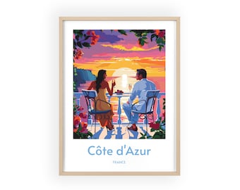 Côte d'Azur Couple Travel Poster - Romantic French Riviera Coastal Print, Scenic Beach Wall Art, Elegant Home Decor, Perfect Wedding gift