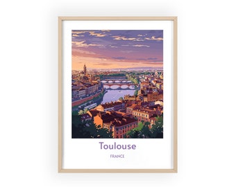 Toulouse Cityscape Travel Poster - French Urban Art, Pink City Skyline Print, Elegant Wall Decor, Perfect Gift for Travel Enthusiasts