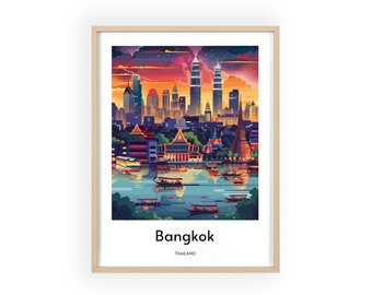 Bangkok Cityscape Travel Poster - Levendige Thaise hoofdstad Skyline Print, Urban Wall Art, Modern Home Decor, Perfect cadeau voor stadsliefhebbers