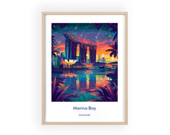 Singapore Skyline Travel Poster - Marina Bay Sands & Gardens by the Bay Wall Art, Modern Cityscape Print, Urban Home Decor