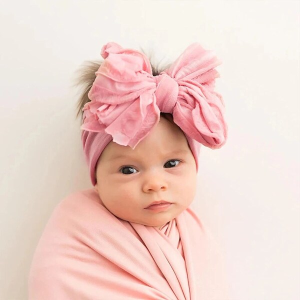 Big Ruffle Bow Baby Nylon Headband, Baby Girl Hair Accessories, Soft Elastic Handmade Newborn/Toddler Headwrap