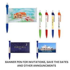 May include: A set of blue retractable banner pens with different designs. The designs include a house, a night sky with a moon and stars, and the Sydney Opera House. The pens are a great way to promote your business or event.