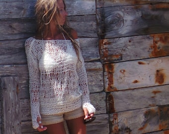 Handgebreide trui van alpacamix: ivoor boho off-shoulder trui