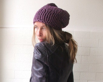 Purple hat, slouchy beanie, chunky, plum purple hat, vegan hat, READY TO SHIP