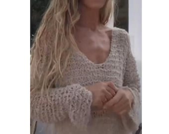 Suéter de verano de alpaca con cuello en V: tejido ligero beige