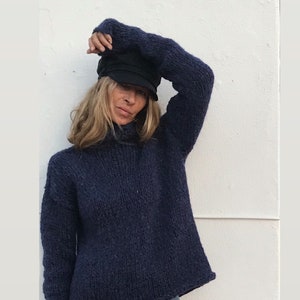 Navy Alpaca Blue Sweater, slouchy over-sized poloneck, with extra long sleeves, slouchy pullover jumper sustainable ethical