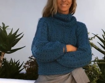 Handgefertigter Türkis Blauer grobstrick Alpaka Pullover