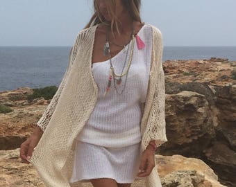 Ivory kimono / beach sweater / women's cardigan / loose knit /  wide sleeve / cream sweater