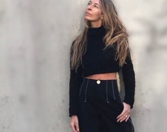 Black Chunky Knit Cropped Sweater: Wool Blend Shrug