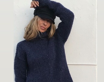 Navy Alpaca Blue Sweater, slouchy over-sized poloneck, with extra long sleeves, slouchy pullover jumper sustainable ethical