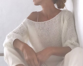 Ivory weisser Puffärmel Pullover, leichter Alpaka Sommerpullover, Handgestrickt nachhaltig und ethisch einwandfrei