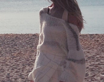 ivory white striped alpaca summer sweater, puff sleeve beach sweater jumper