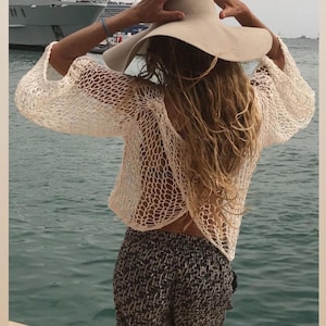 Top corto de algodón blanco marfil: suéter holgado estilo boho playero