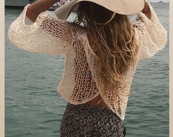 Ivory White Cotton Crop Top: Slouchy Boho Beach Sweater