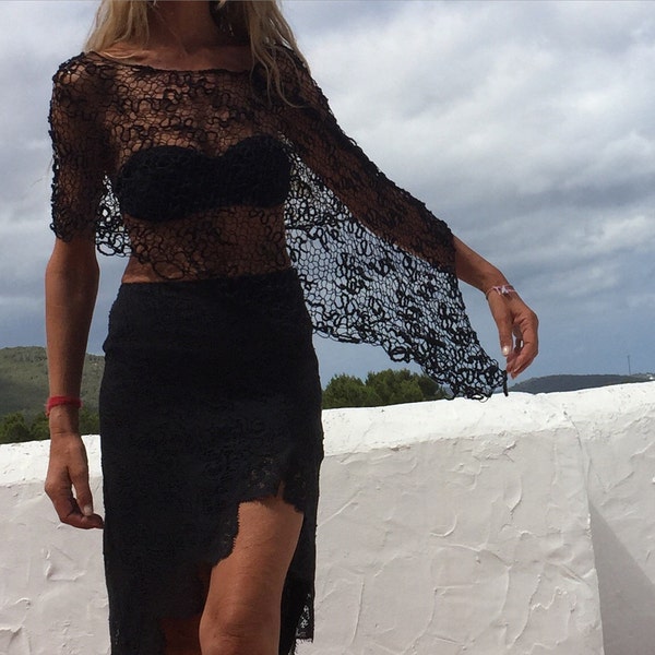 black poncho/sheer knit/open weave/summer cover up/vegan fashion/evening top