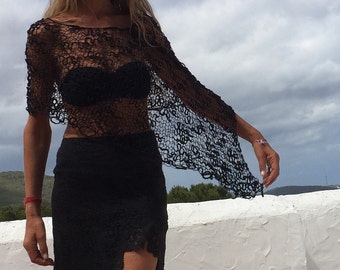 black poncho/sheer knit/open weave/summer cover up/vegan fashion/evening top