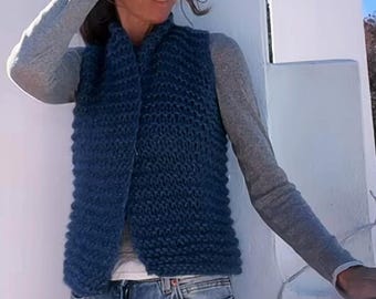 denim blue gilet, alpaca vest, cropped waistcoat, body warmer, custom colours available