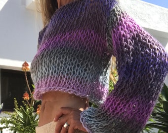 rainbow ombre beach wear, Crop top Lilac, silver, gray, purple,loose knit Women's sweater wide sleeves,  mixed color striped sweater, Y2K