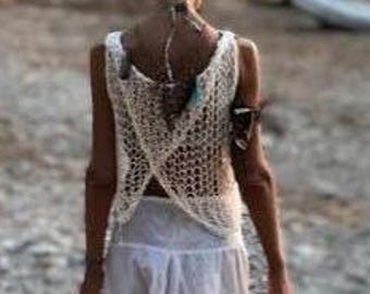 Ivory Knit Open Back Tank Top: Boho Cotton Beach Cover Up