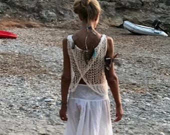 espalda abierta/tanque/top/blanco/punto de verano/boho/transparente/cami/algodón