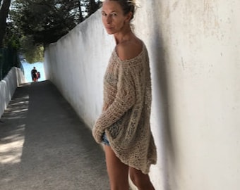 Alpaka / beige / Boho / Pullover / leicht / offen gewebt / Daumenloch / lockerer Strick / Sommerpullover