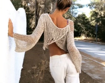 open back Beige v back cotton slouchy crop top, beach sweater, with metallic thread running throughout the yarn only 6 left in this shade