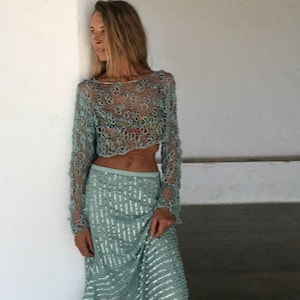 turquoise /  Blue / crop top / sheer / loose fit / beach wear / knit sweater / 1 left in this shade