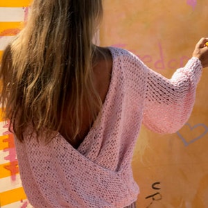 suéter trasero de algodón rosa v de mujer slouchy backless pullover imagen 3