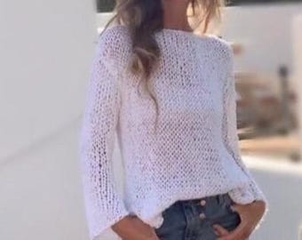 Handmade White Linen Knit Sweater: Loose Fit Summer Pullover