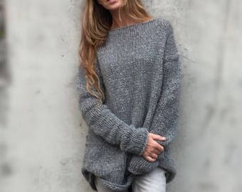 Gray Alpaca sweater dress, pullover, jumper dress women's knit dress, long line, handmade knitwear  sustainable ethical clothing, Y2K