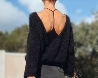 alpaca, suéter negro sin espalda, jersey v.back, tejido a mano