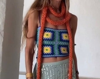Orange chunky knit super long snake scarf fiber necklace