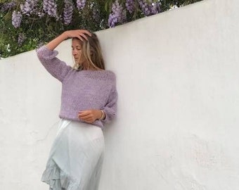 lavender lilac purple puff sleeve sweater,  lightweight alpaca summer sweater