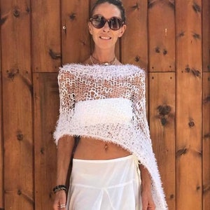 White poncho, sheer summer knit cover up, loose weave, looseknit, faux fur, wedding