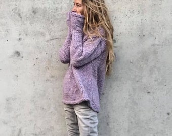 women's oversized lavender lilac sweater, slouchy fit, purple, pink jumper extra long sleeve, alpaca pullover, handmade knitwear handknit