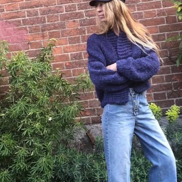 Alpaca navy blue sweater bomber jacket, women's blue chunky sweater, hand knit cardigan, alpaca mix,