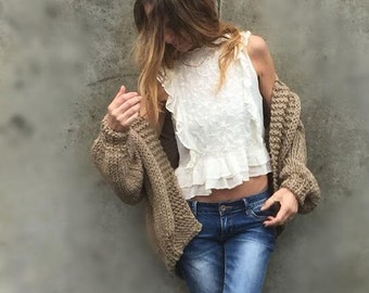 beige sweater, bomber jacket,  women's beige chunky sweater, bomber jacket, hand knit sweater, cardigan, women's sweater,