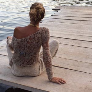 Alpaca Beige Sweater distressed sheer knit top/summer sweater/beachwear/bikini/cover up/loose knit/boho/ileaiye/handknit image 2