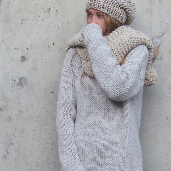 Silver gray Alpaca knit long sweater dress,  slouchy with extra long sleeves sustainable ethical clothing