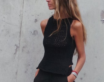 Black tank top cropped stepped hem tank top, summer sweater, cotton tank top,  black vest,  iLE AiYE organic knitwear