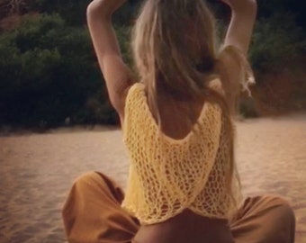 Yellow v back open back cotton vest tank top, beachwear