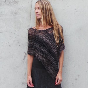 brown black poncho / ombre / stripe / loose knit / hand knit / cover up / cape / top