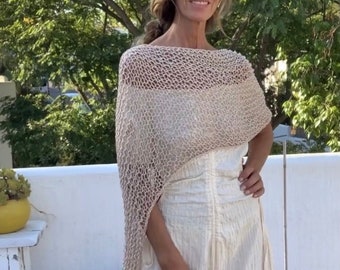 Poncho de algodón beige/cubrir/top vegano/punto transparente/suelto/tejido abierto/tejido de verano